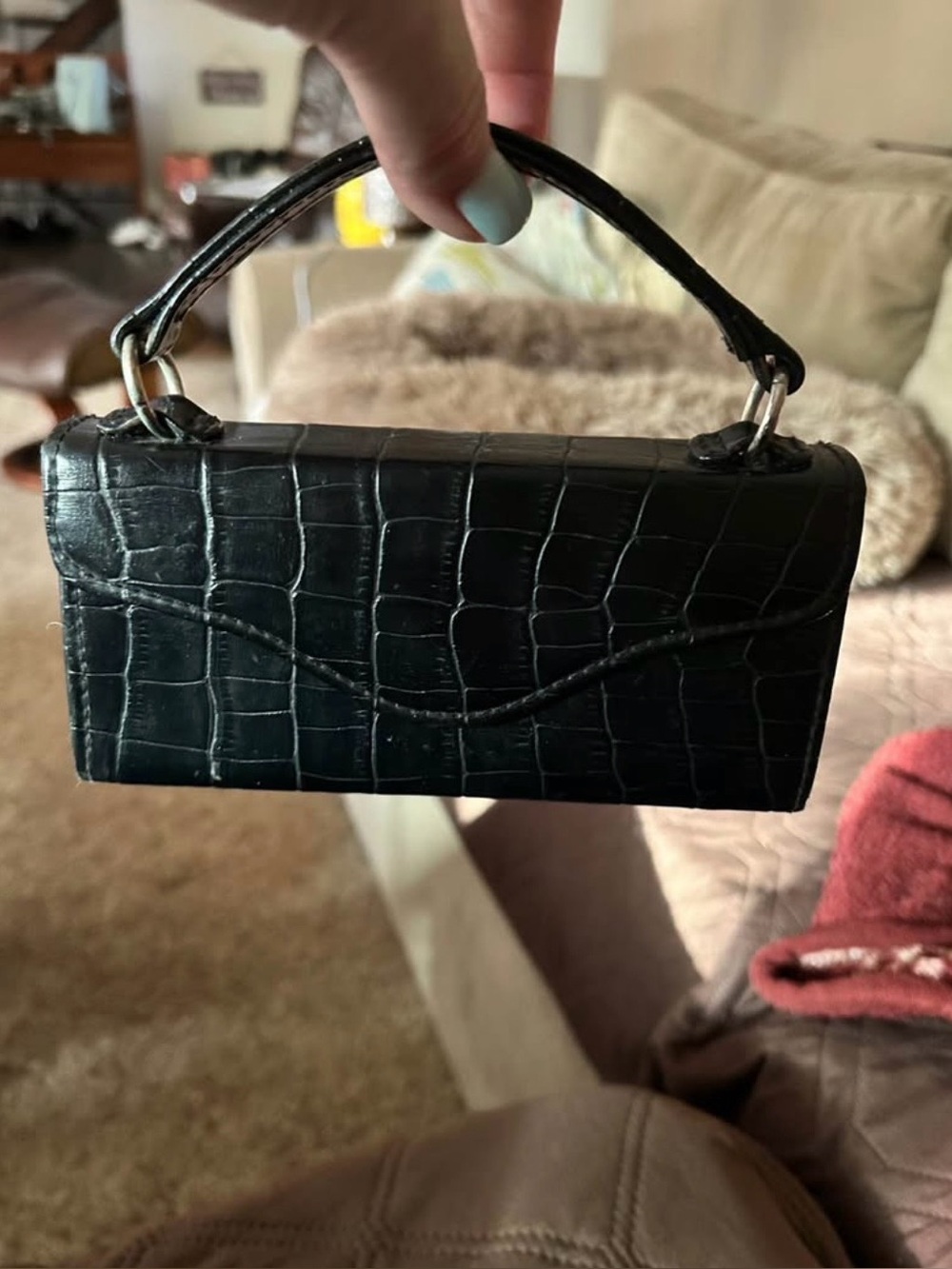 Black Croc-Embossed Top Handle Glasses Case/mini-purse